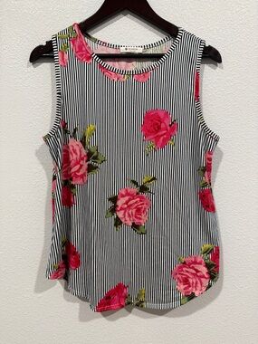 Striped Black & White Tank Top with Pink Rose Print Bombom